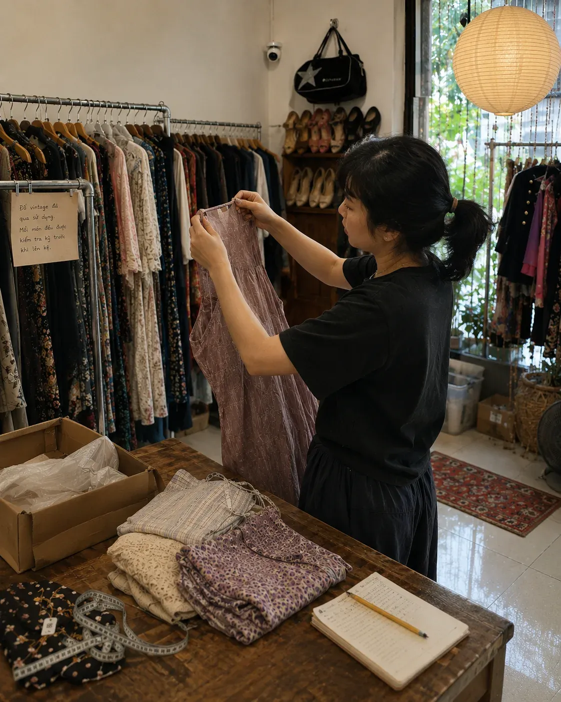 The Yen May owner checking the condition of a vintage dress in the shop